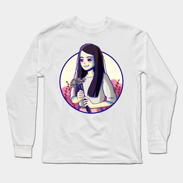 Cute girl holding yellow flowers Long Sleeve T-Shirt by Mayarart